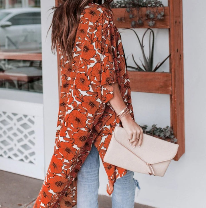 Dames Lange Kimono Cardigan Losvallend Bloemenprint