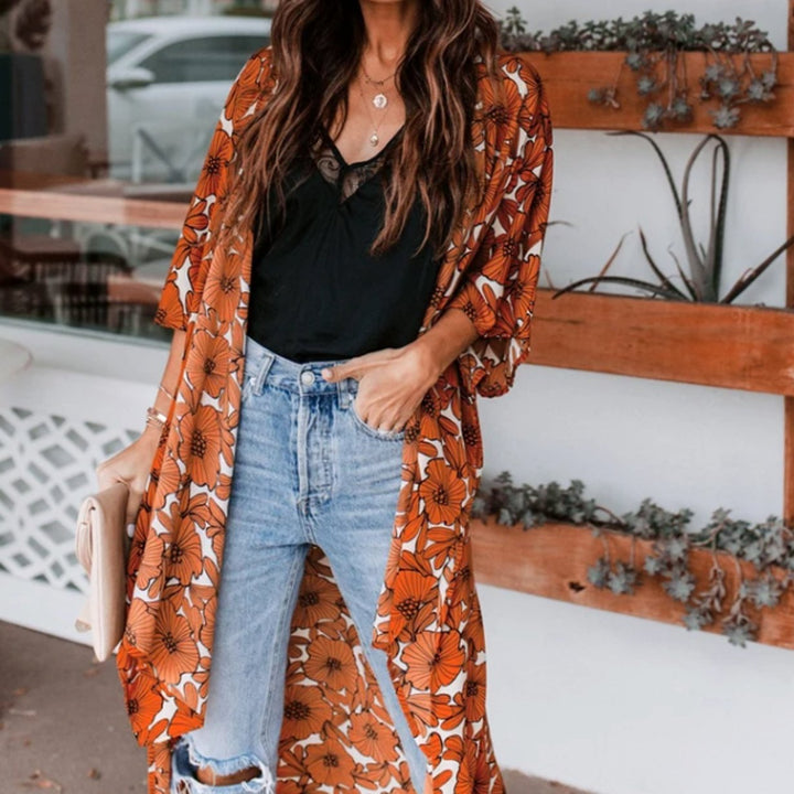 Dames Lange Kimono Cardigan Losvallend Bloemenprint