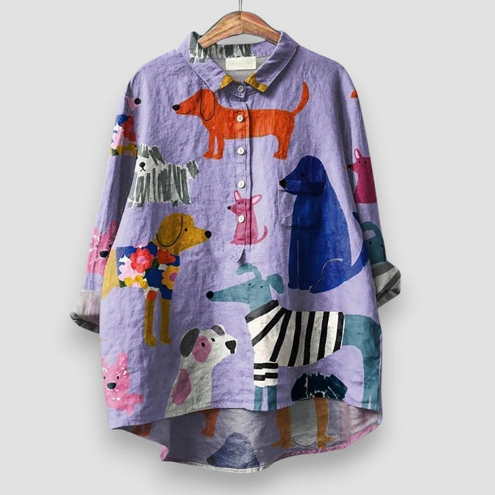 Dames Lange Mouwen Hondenprint Knoopblouse - Purple