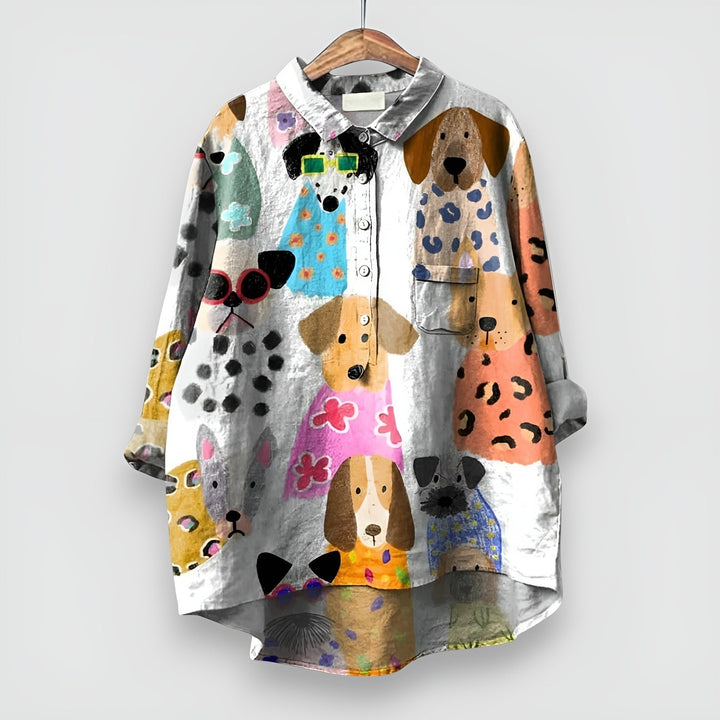 Dames Lange Mouwen Hondenprint Knoopblouse - White