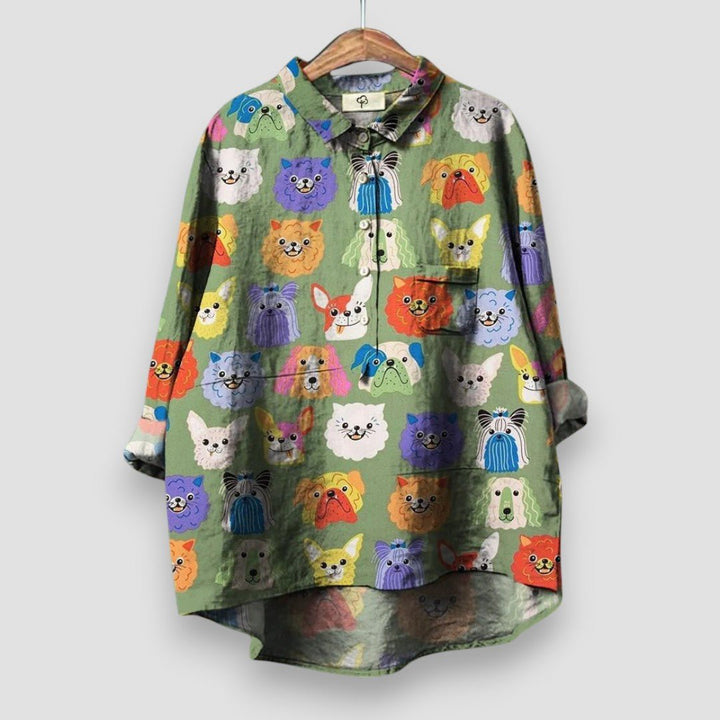 Dames Lange Mouwen Hondenprint Knoopblouse - Green