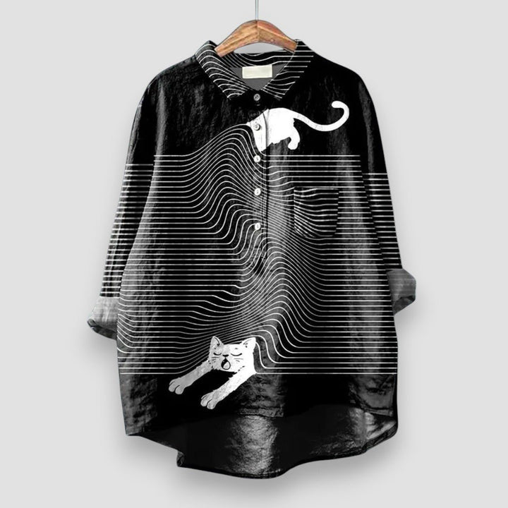 Dames Lange Mouwen Hondenprint Knoopblouse - Black