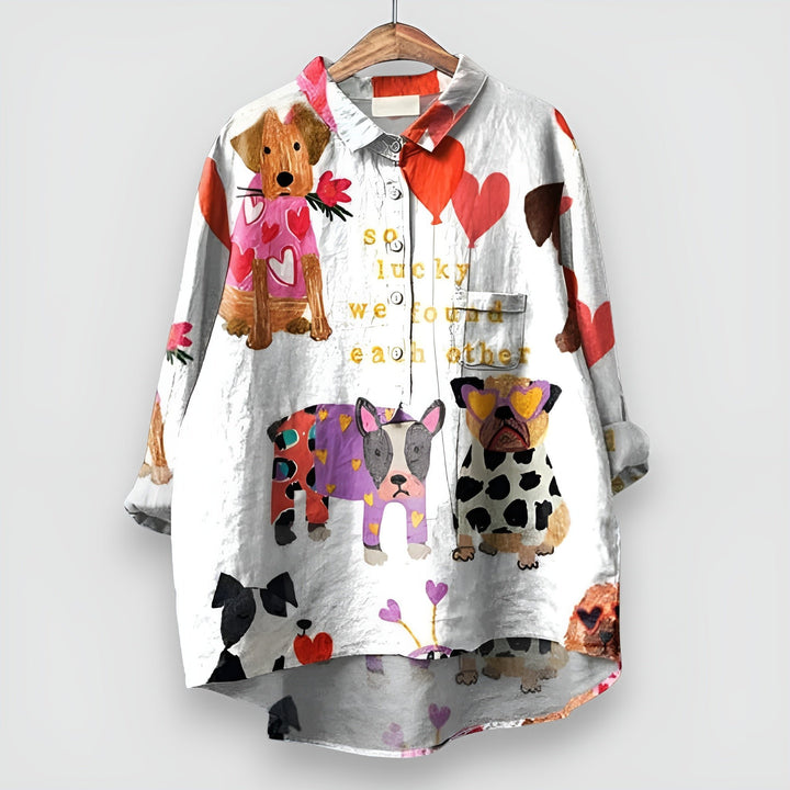 Dames Lange Mouwen Hondenprint Knoopblouse - White 2