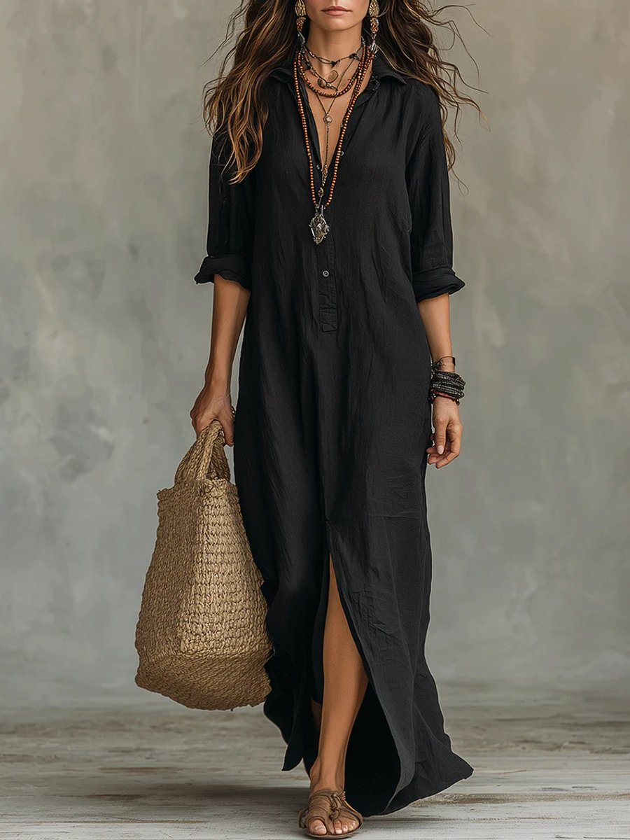 Dames Lange Mouwen Jurk Oversized Maxi Blousejurk met Knoopsluiting - Zwart