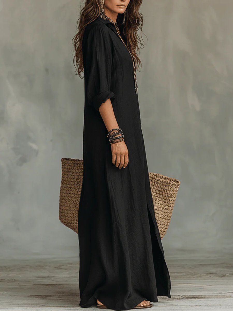 Dames Lange Mouwen Jurk Oversized Maxi Blousejurk met Knoopsluiting