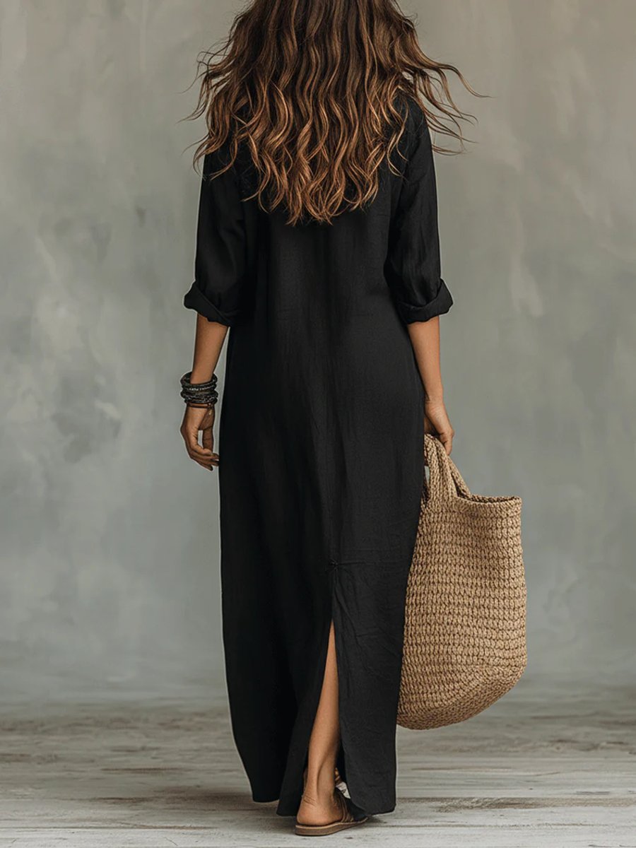 Dames Lange Mouwen Jurk Oversized Maxi Blousejurk met Knoopsluiting