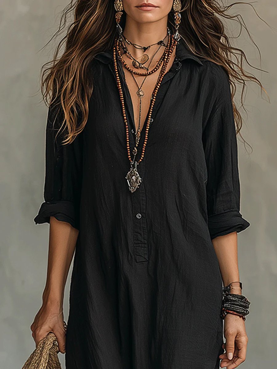 Dames Lange Mouwen Jurk Oversized Maxi Blousejurk met Knoopsluiting