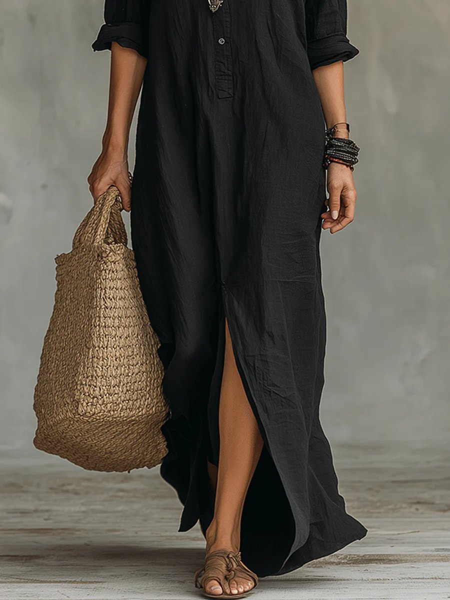 Dames Lange Mouwen Jurk Oversized Maxi Blousejurk met Knoopsluiting