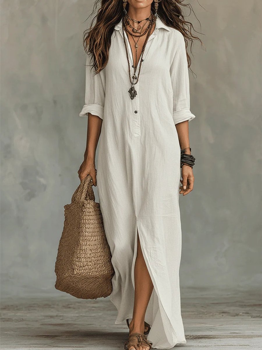 Dames Lange Mouwen Jurk Oversized Maxi Blousejurk met Knoopsluiting - Wit