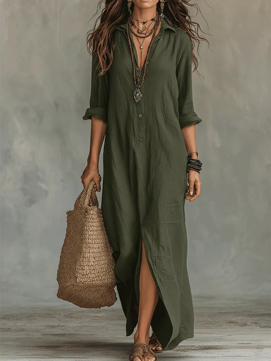 Dames Lange Mouwen Jurk Oversized Maxi Blousejurk met Knoopsluiting - Groen