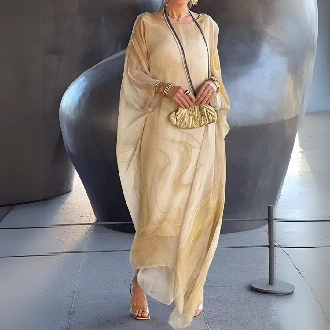Dames Lange Mouwen Maxi Jurk Luchtige Wijdvallende Chiffon - Geel