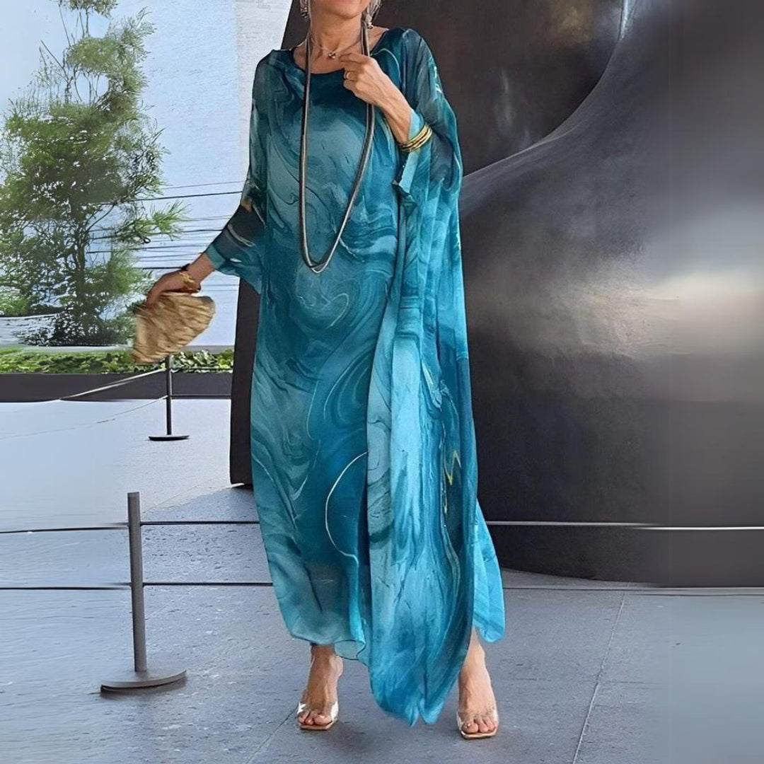 Dames Lange Mouwen Maxi Jurk Luchtige Wijdvallende Chiffon - Blauw