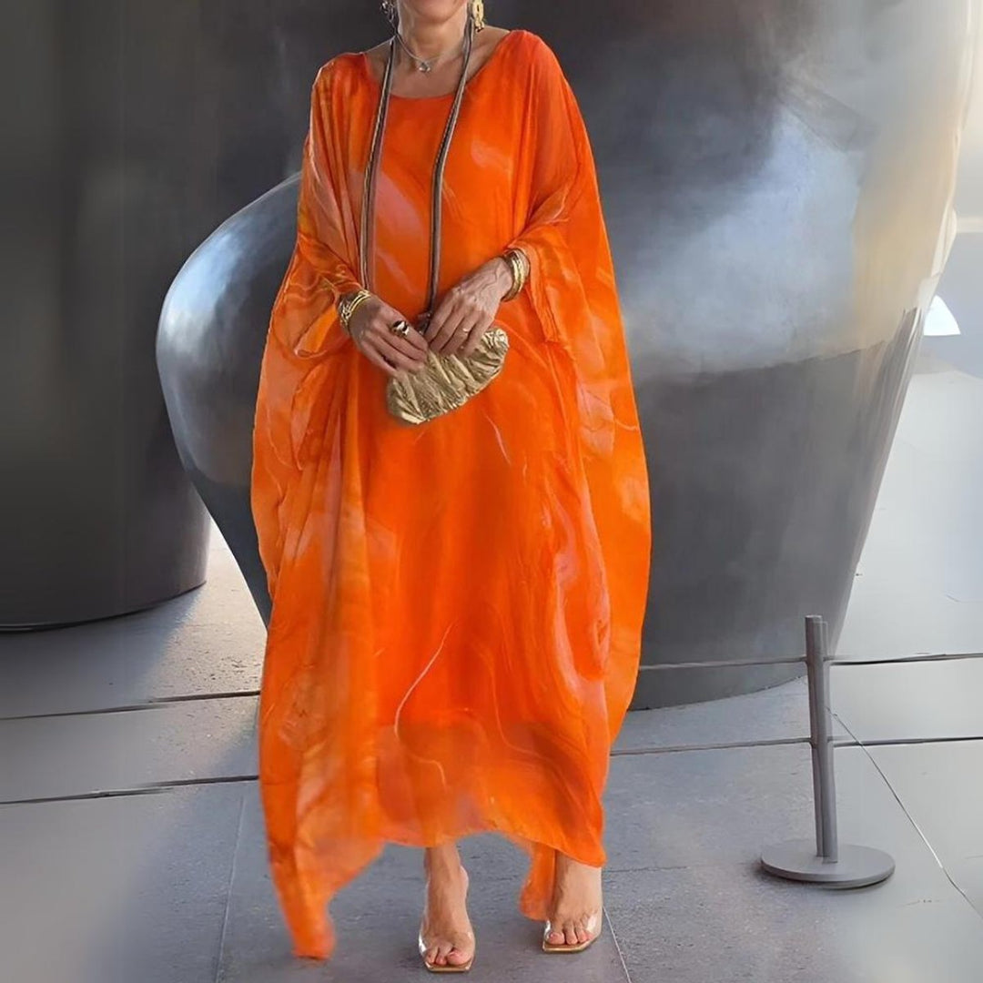 Dames Lange Mouwen Maxi Jurk Luchtige Wijdvallende Chiffon - Oranje