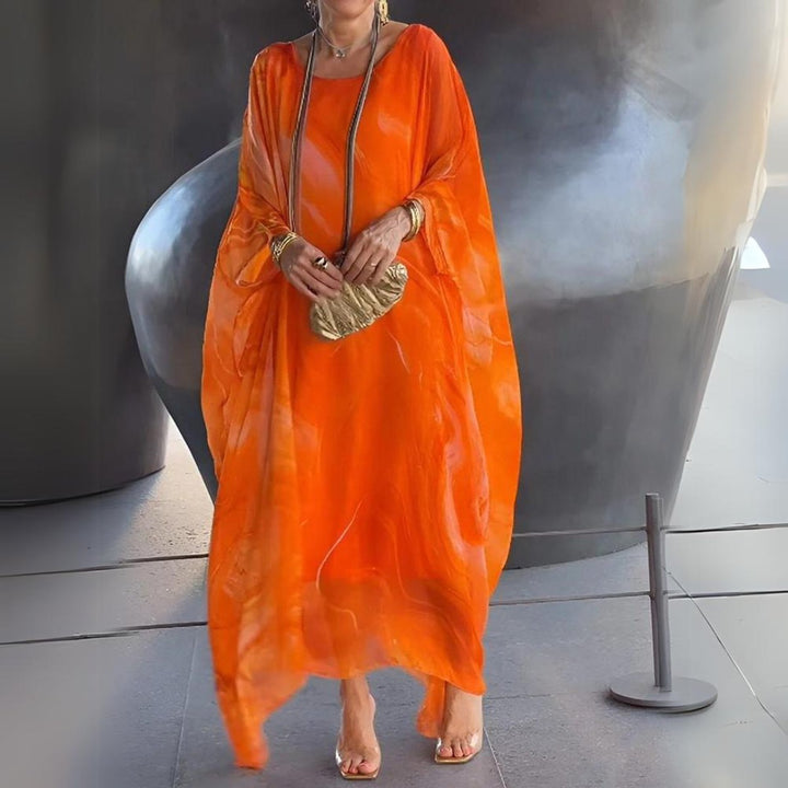 Dames Lange Mouwen Maxi Jurk Luchtige Wijdvallende Chiffon - Oranje