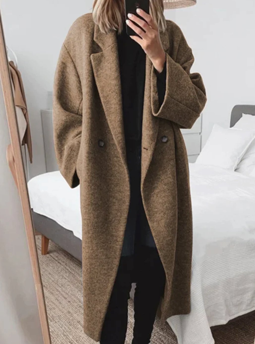 Dames Lange Oversized Wollen Mantel met Revers - Bruin