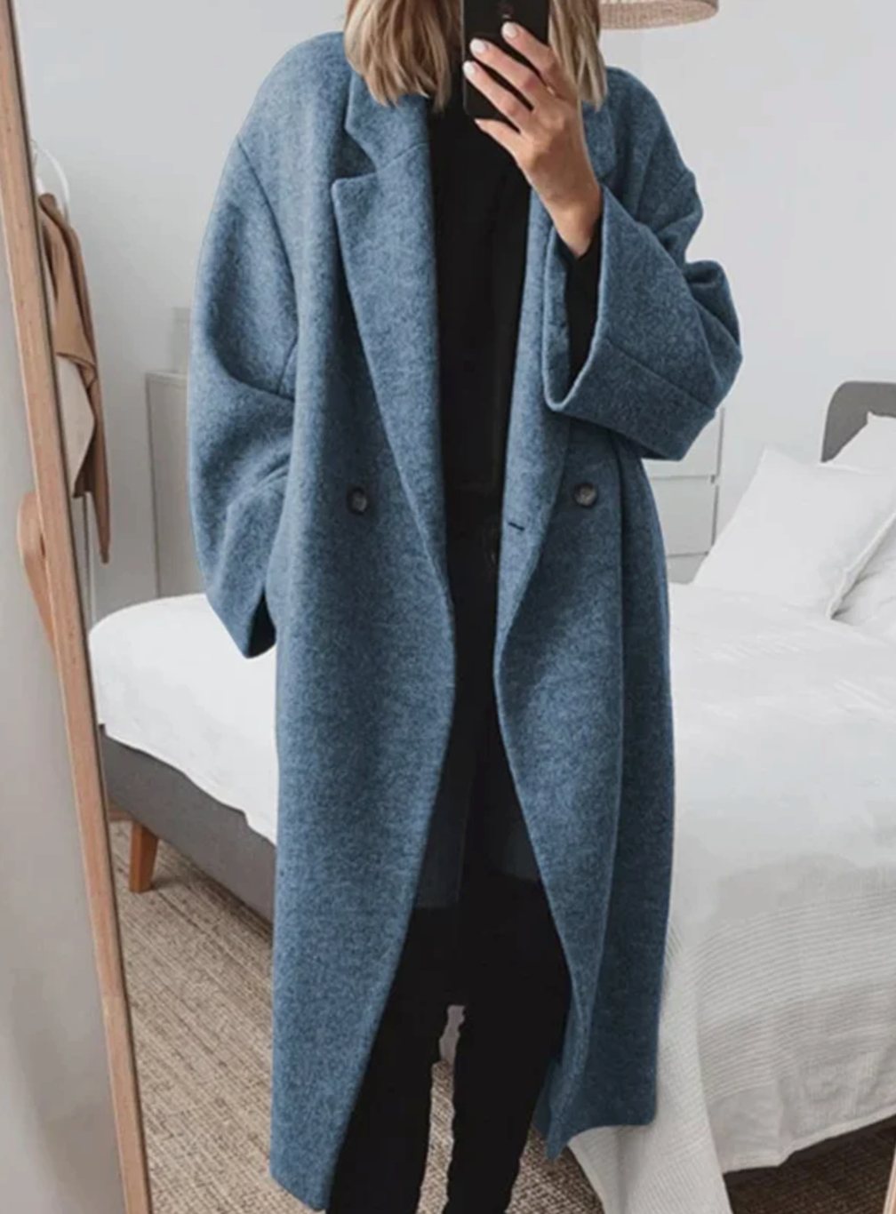 Dames Lange Oversized Wollen Mantel met Revers - Blauw
