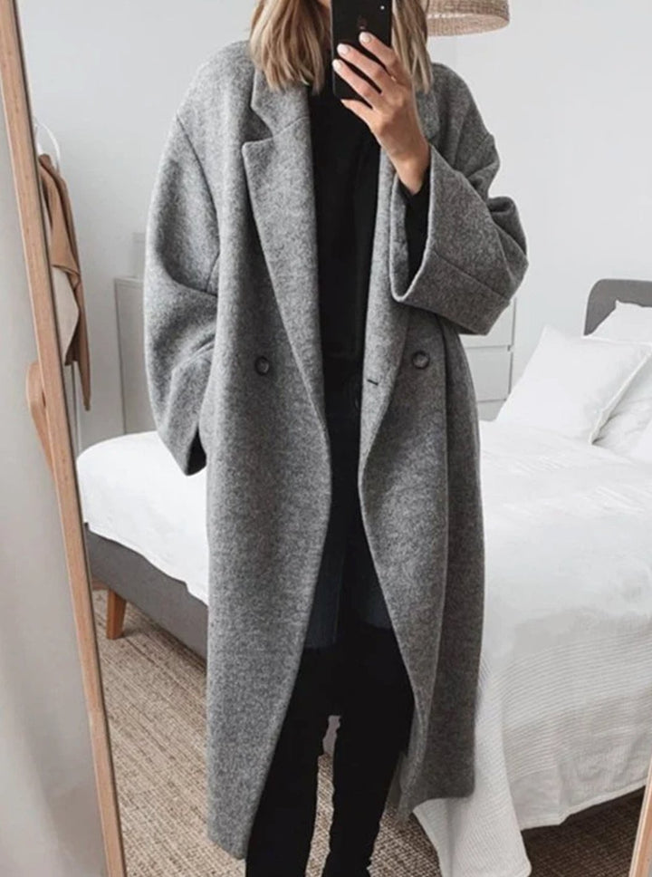 Dames Lange Oversized Wollen Mantel met Revers - Grijs