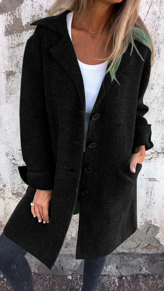 Dames Lange Oversized Women Coat Knoop Revers Blazer - Zwart