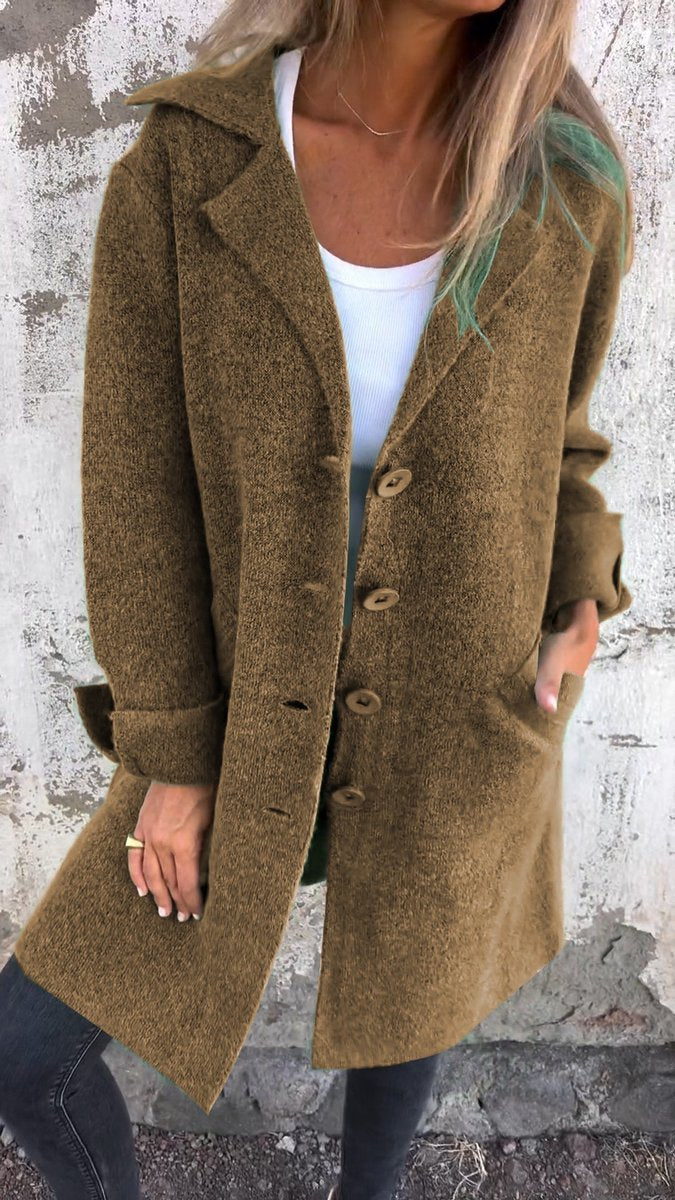 Dames Lange Oversized Women Coat Knoop Revers Blazer - Bruin