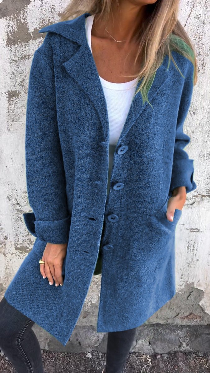Dames Lange Oversized Women Coat Knoop Revers Blazer - Blauw