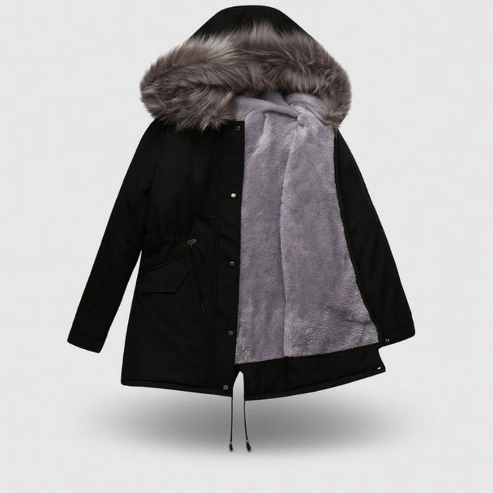 Dames Lange Parka Oversized Jacket Fleece Voering Bontkraag Capuchon - Zwart