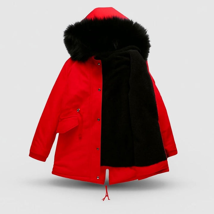 Dames Lange Parka Oversized Jacket Fleece Voering Bontkraag Capuchon - Rood
