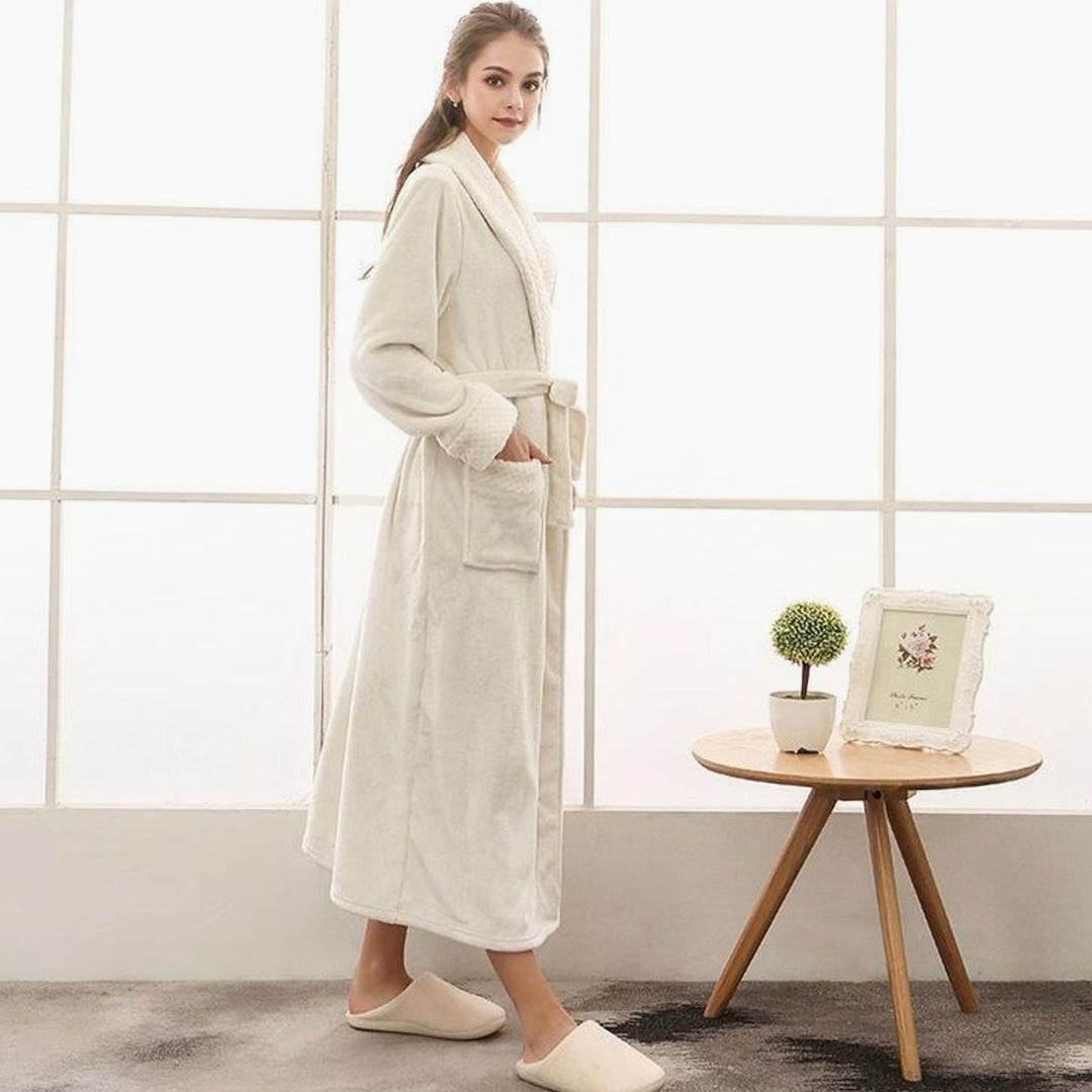 Dames Lange Pluche Badjas Ceintuur Zakken Fleece - Wit