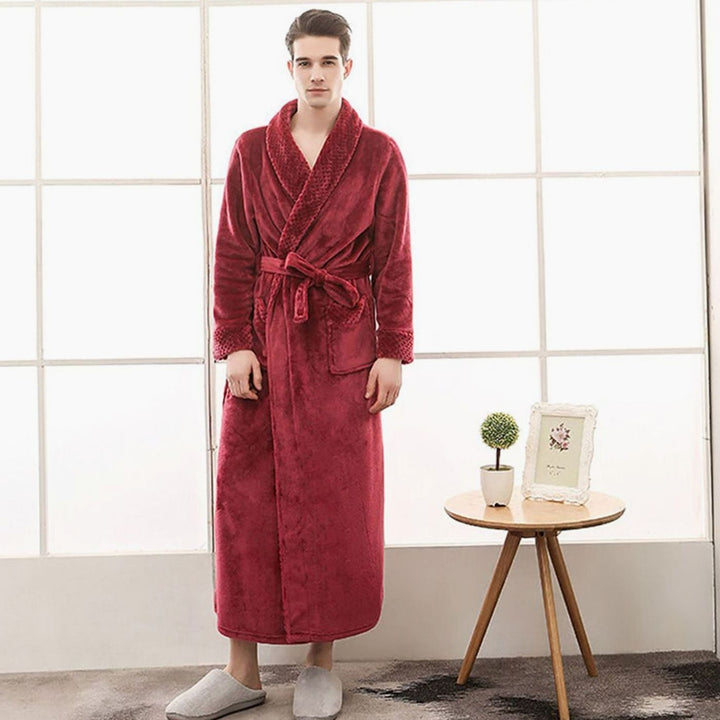 Dames Lange Pluche Badjas Ceintuur Zakken Fleece - Wijnrood