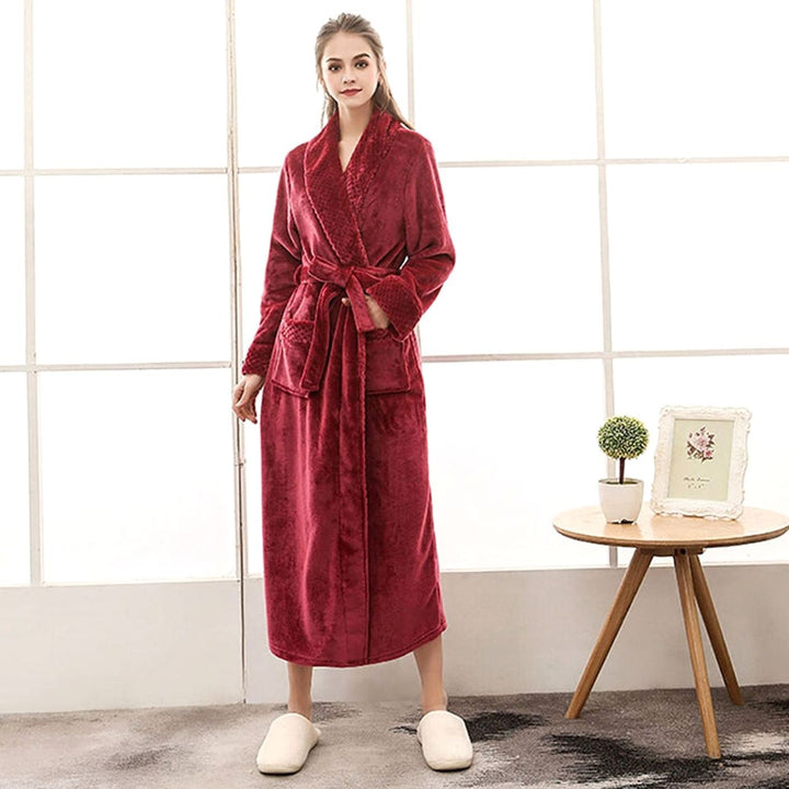 Dames Lange Pluche Badjas Ceintuur Zakken Fleece - Wijnrood
