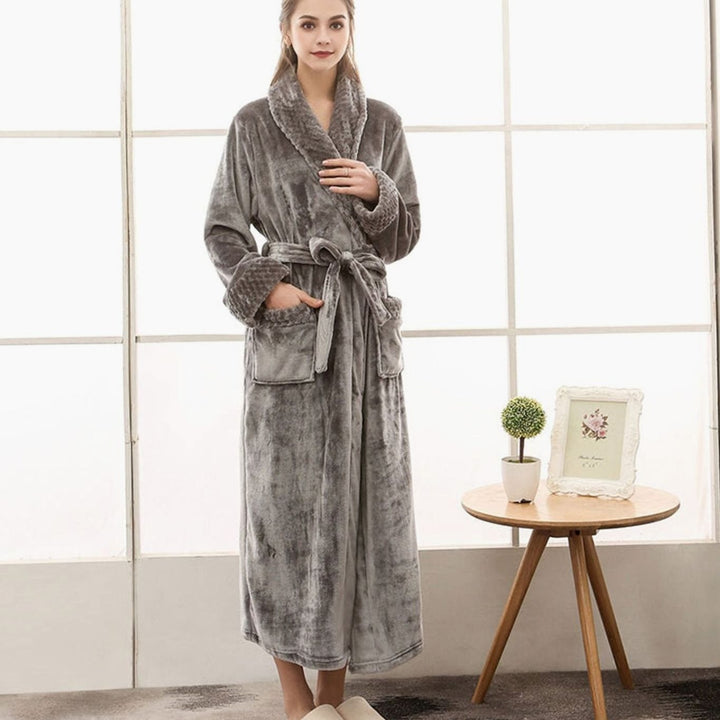 Dames Lange Pluche Badjas Ceintuur Zakken Fleece