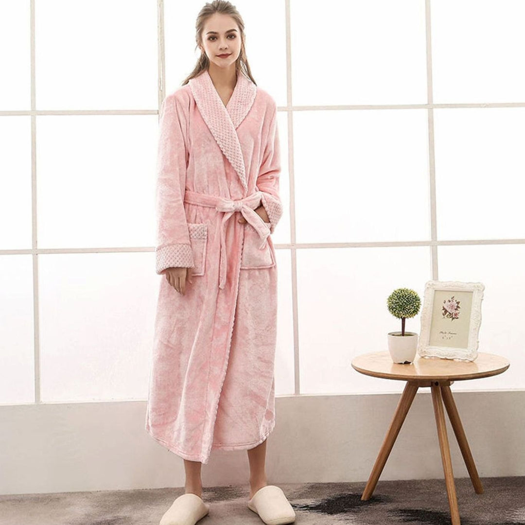 Dames Lange Pluche Badjas Ceintuur Zakken Fleece - Roze