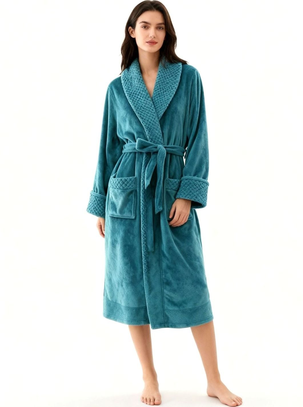 Dames Lange Pluche Badjas Ceintuur Zakken Fleece - Groen