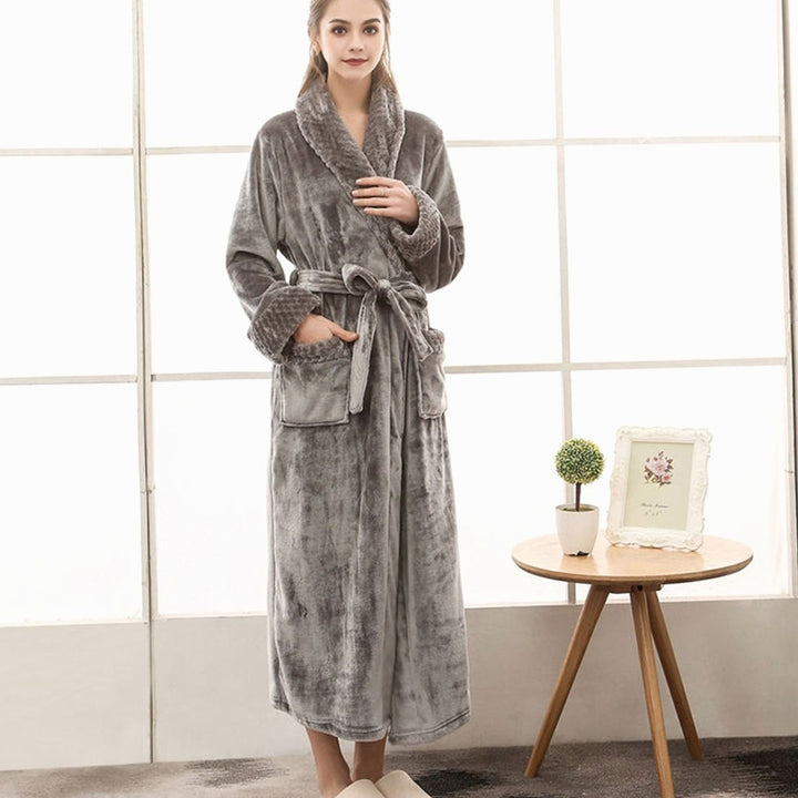 Dames Lange Pluche Badjas Ceintuur Zakken Fleece - Grijs