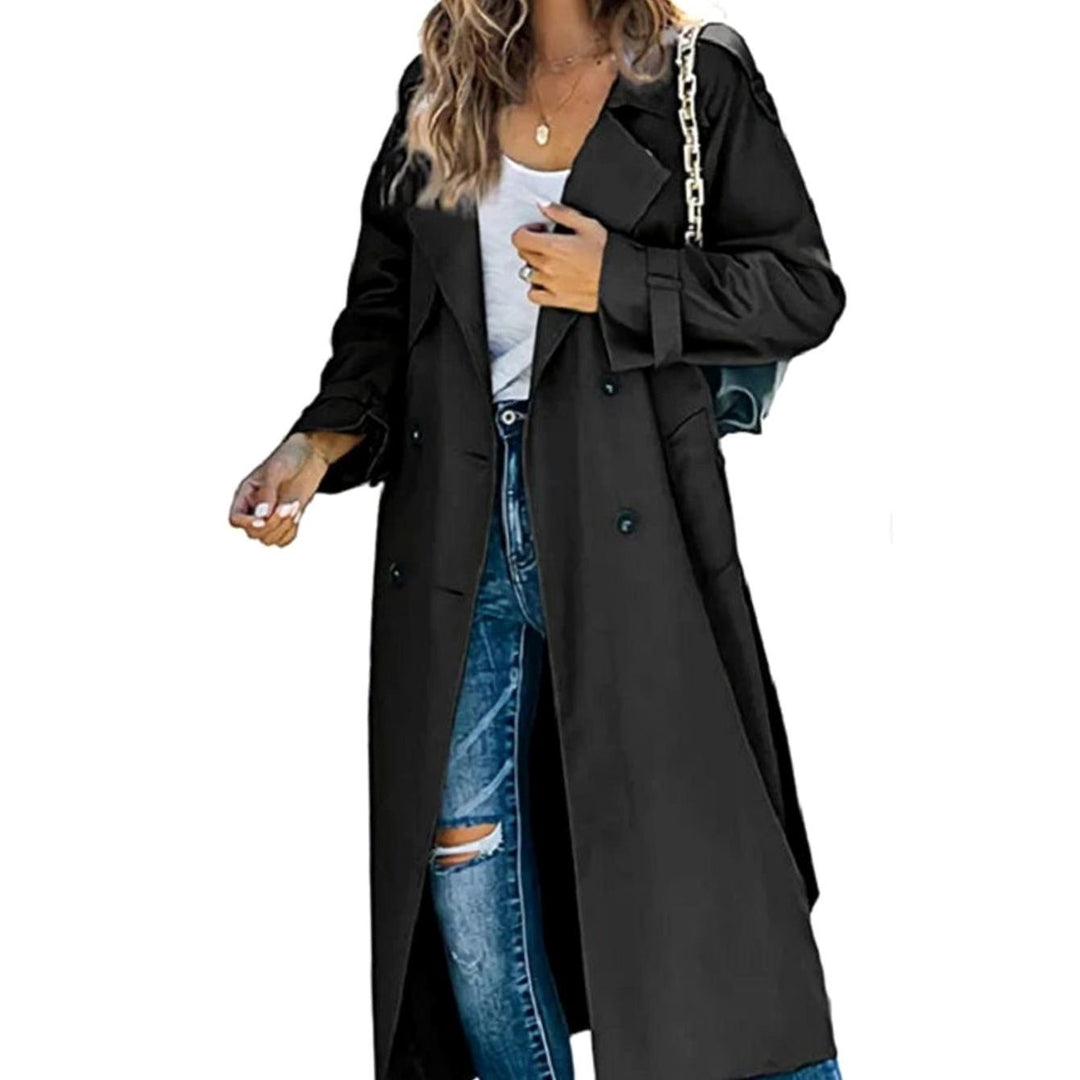 Dames Lange Trenchcoat Dubbele Knopenrij Verstelbare Taille - Zwart