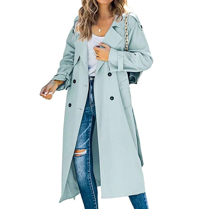Dames Lange Trenchcoat Dubbele Knopenrij Verstelbare Taille - Lichtblauw