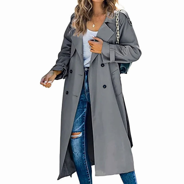Dames Lange Trenchcoat Dubbele Knopenrij Verstelbare Taille - Grijs