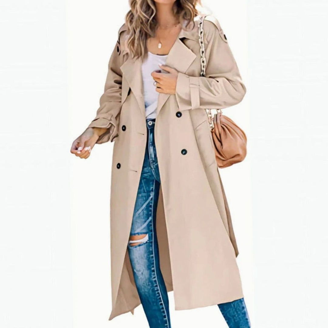 Dames Lange Trenchcoat Dubbele Knopenrij Verstelbare Taille - Kaki