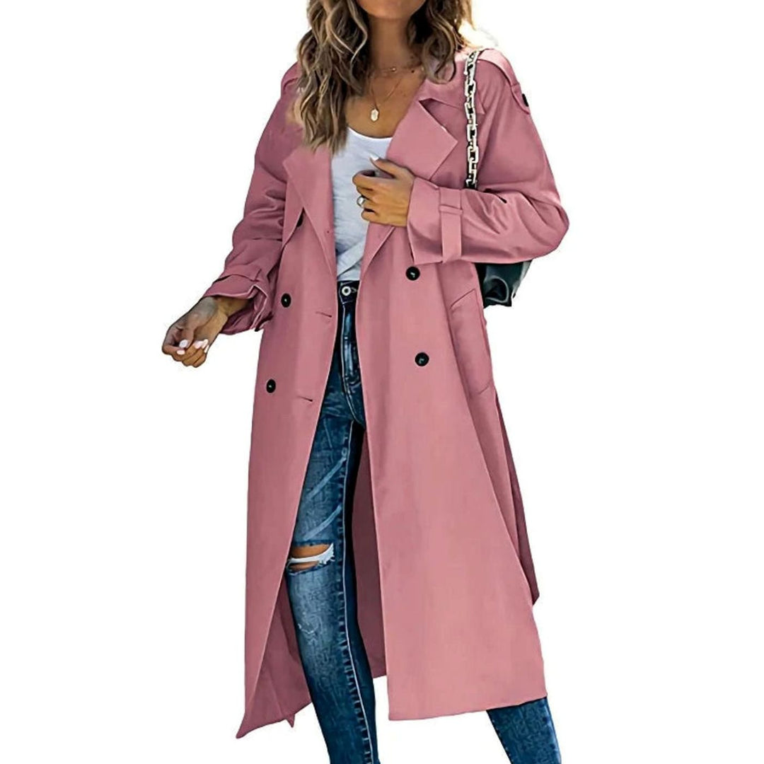 Dames Lange Trenchcoat Dubbele Knopenrij Verstelbare Taille - Roze
