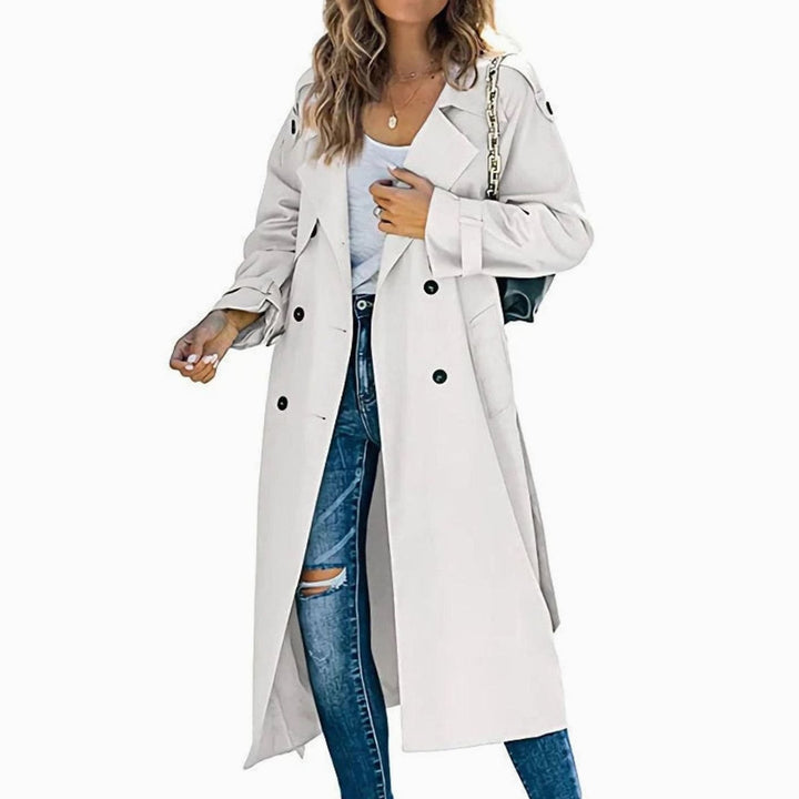Dames Lange Trenchcoat Dubbele Knopenrij Verstelbare Taille - Wit