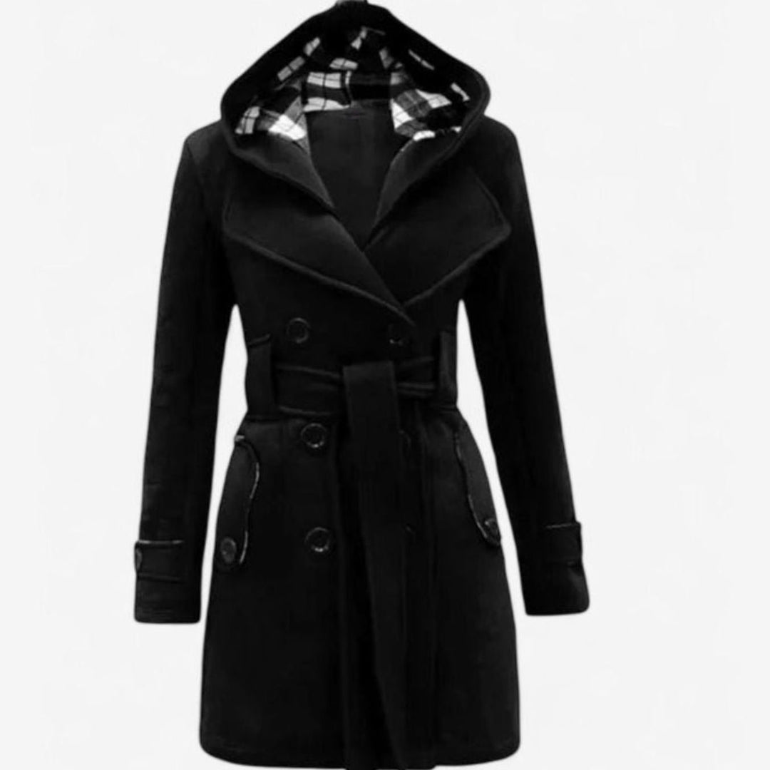 Dames Lange Trenchcoat met Capuchon Dubbele Knoopsluiting en Ceintuur - Zwart
