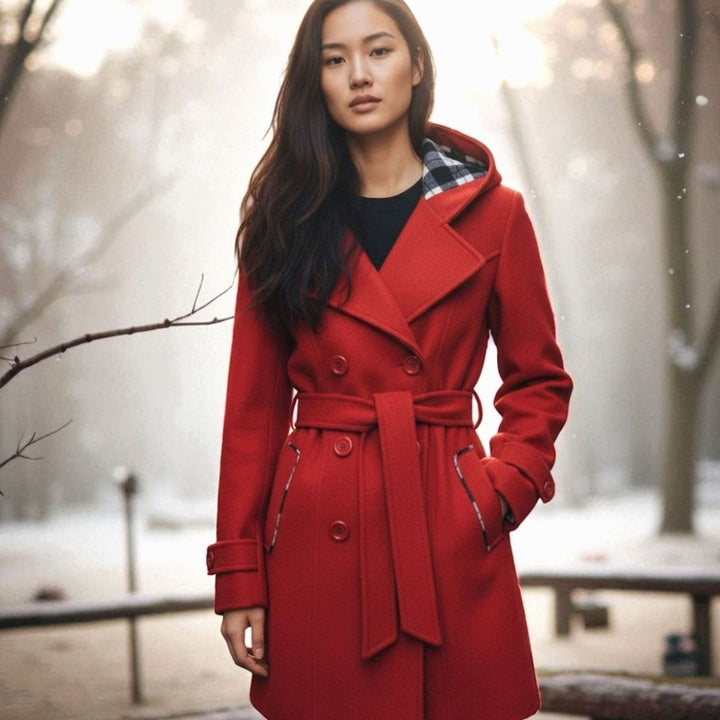 Dames Lange Trenchcoat met Capuchon Dubbele Knoopsluiting en Ceintuur