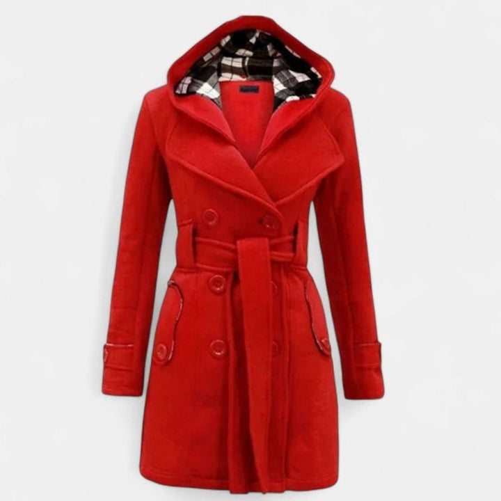 Dames Lange Trenchcoat met Capuchon Dubbele Knoopsluiting en Ceintuur - Rood