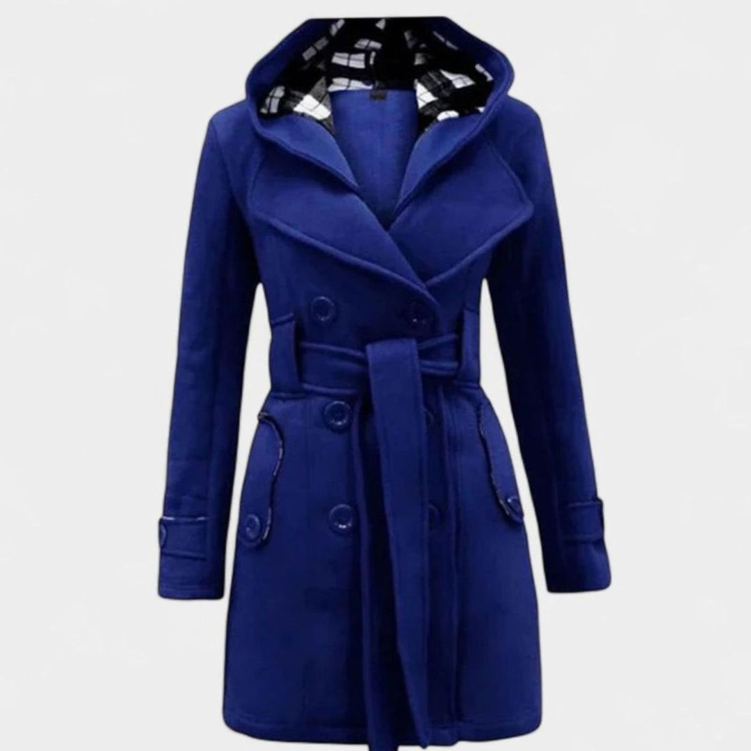 Dames Lange Trenchcoat met Capuchon Dubbele Knoopsluiting en Ceintuur - Blauw