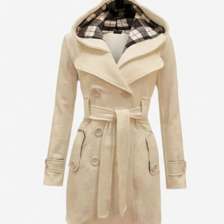 Dames Lange Trenchcoat met Capuchon Dubbele Knoopsluiting en Ceintuur - Beige