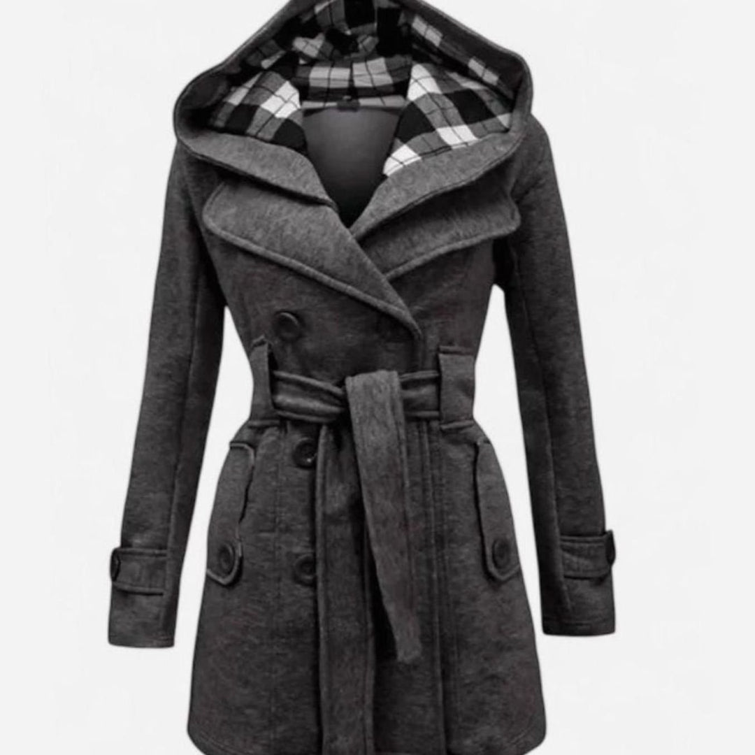 Dames Lange Trenchcoat met Capuchon Dubbele Knoopsluiting en Ceintuur