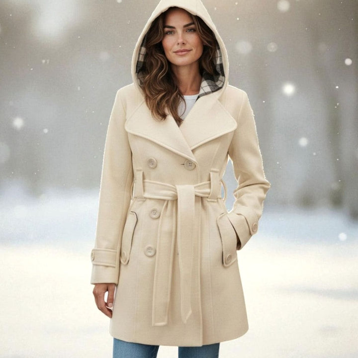Dames Lange Trenchcoat met Capuchon Dubbele Knoopsluiting en Ceintuur