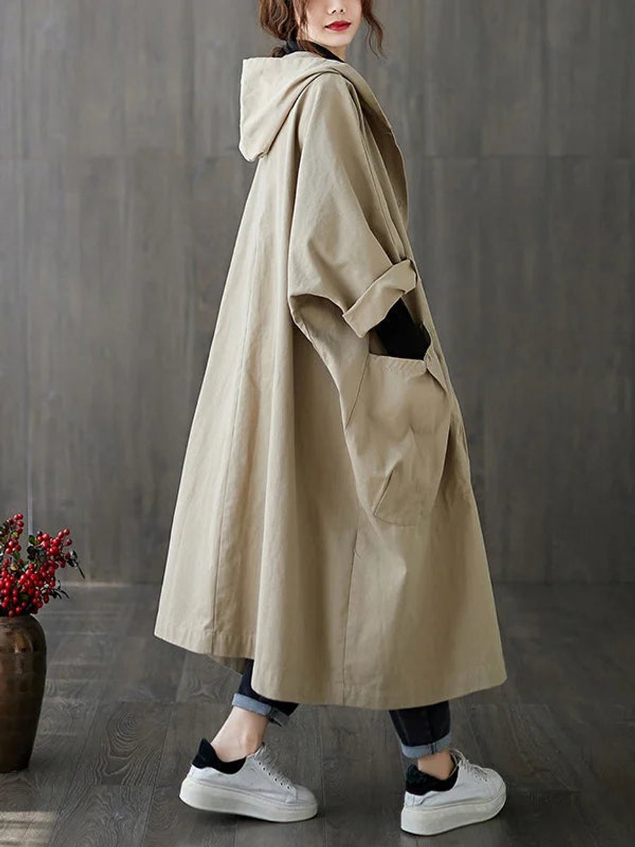 Dames Lange Waterafstotende Capuchonmantel Oversized - Beige