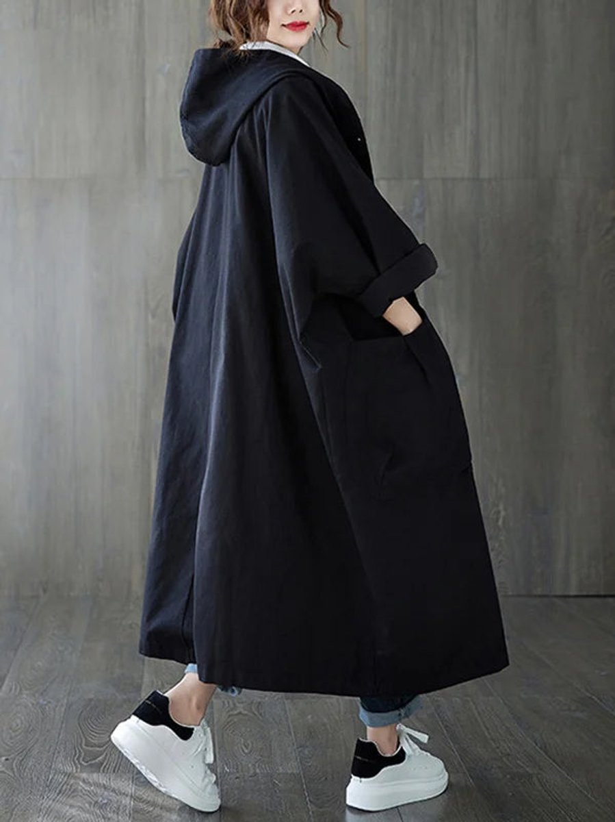 Dames Lange Waterafstotende Capuchonmantel Oversized - Zwart