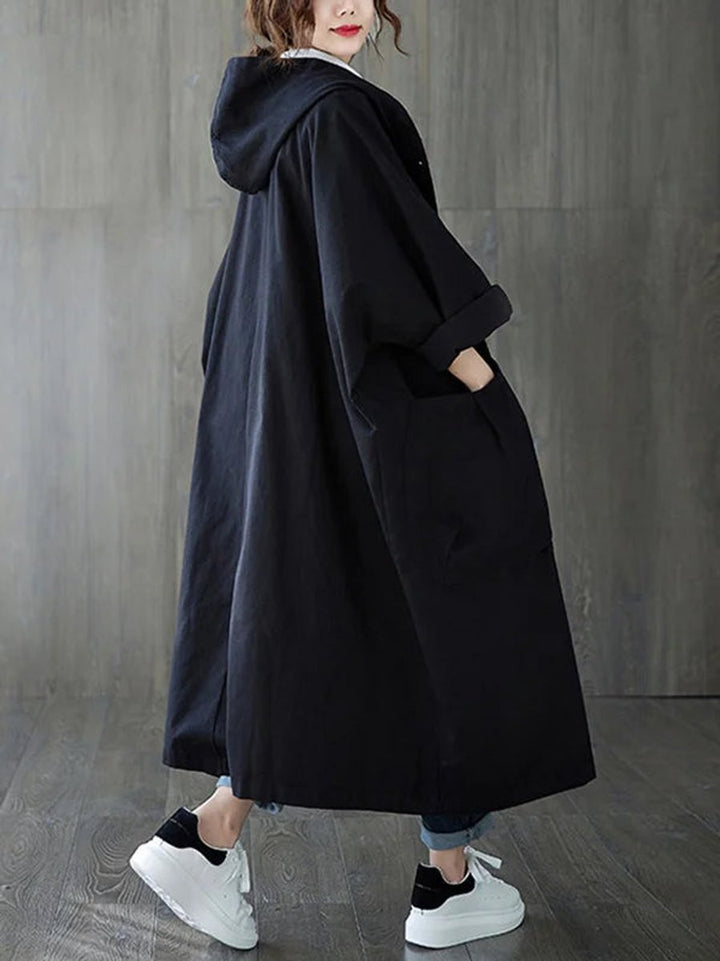 Dames Lange Waterafstotende Capuchonmantel Oversized - Zwart