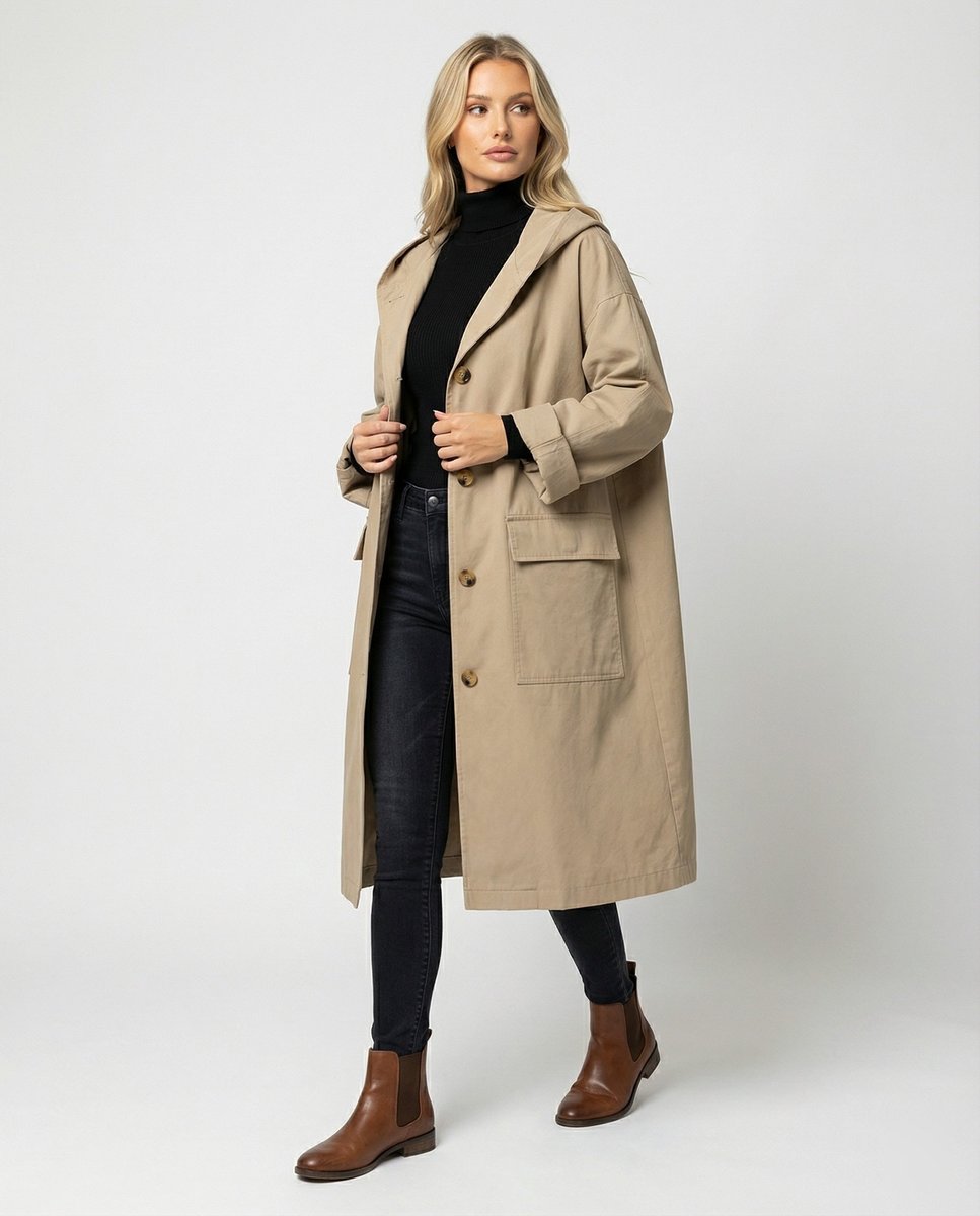 Dames Lange Waterafstotende Hooded Trench Coat - Beige